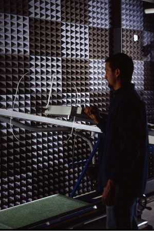 Melamine acoustic foam pyramid panels on walls of recording booth