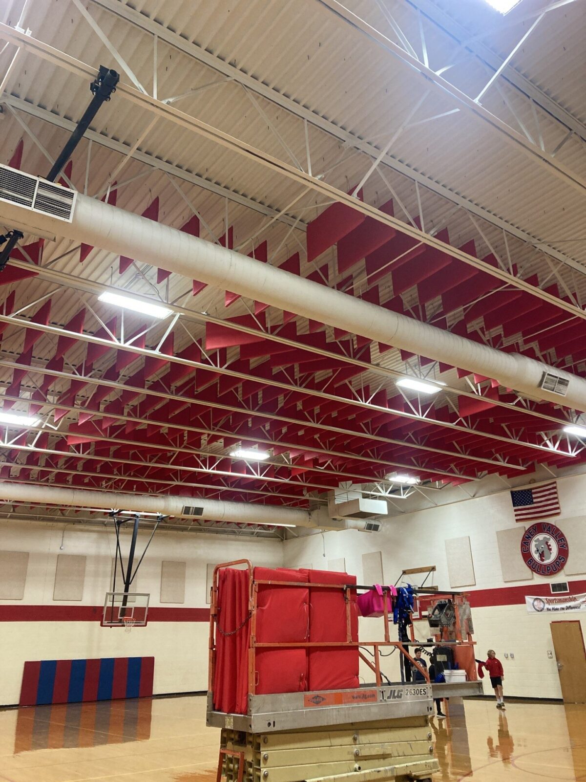 Scissor lift used for installing VET Baffles